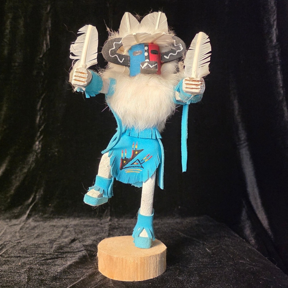 Native American Hototo Kachina Hand Painted Turquoise Suede Feathers 12" Signed
